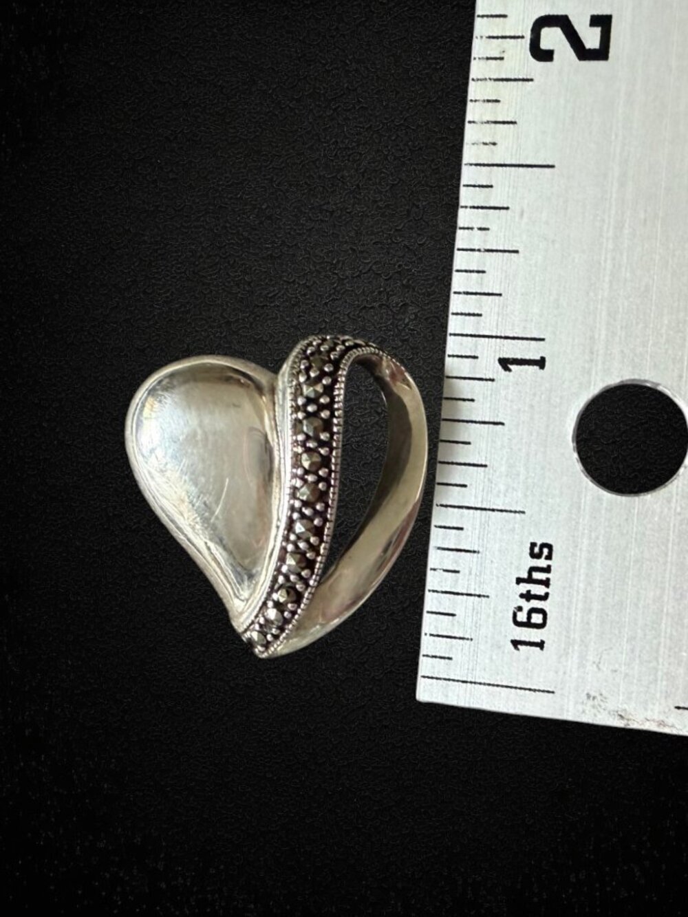 Vintage 925 Sterling Silver Marcasite Heart Slide Pendant Enhancer 5.2g - Picture 3 of 7